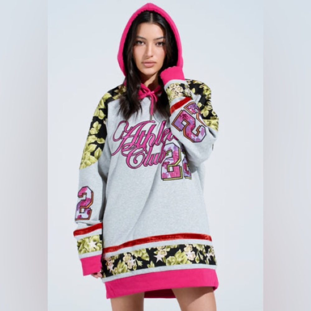 AKIRA Gray and Pink Floral Hoodie Dress NWOT‎ - Size Small